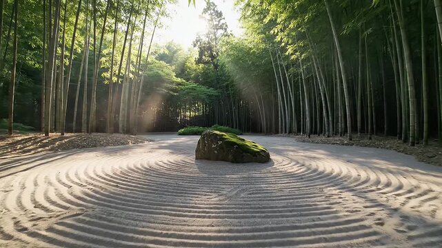 Sunlight streams through a tranquil bamboo forest onto a raked sand garden