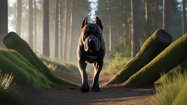 Presa canario dog walking through forest path with morning sunlight rays