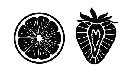 Black and white illustration of a sliced orange and a strawberry