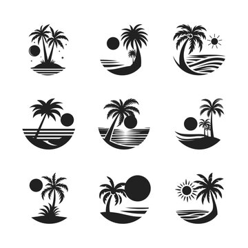 Tropical island and palm tree logo set. Minimalist black and white vector collection of beach sunset and sea wave symbols for travel and tourism branding.