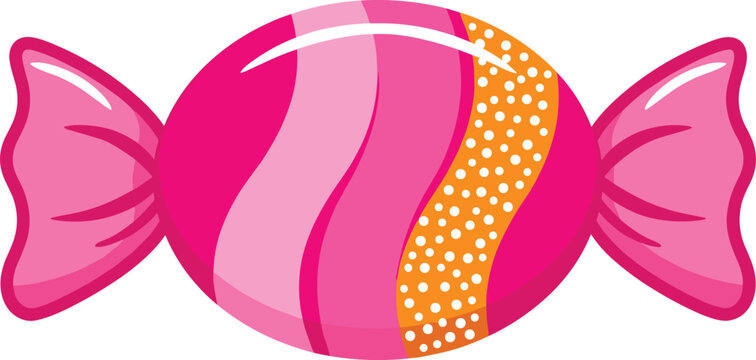 A vibrant pink candy with a yellow dotted swirl and decorative bows on both ends isolated on transparent background, Vector