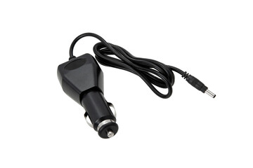 Black car cigarette lighter power adapter with cable isolated on white back
