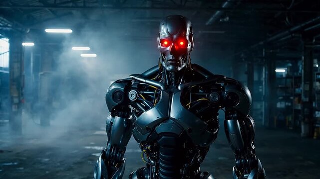 Robot with glowing red eyes in industrial setting