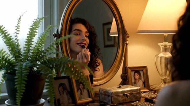 Young woman with curly hair applying red lipstick while looking in a vintage oval mirror at a vanity table with warm lamp lighting.