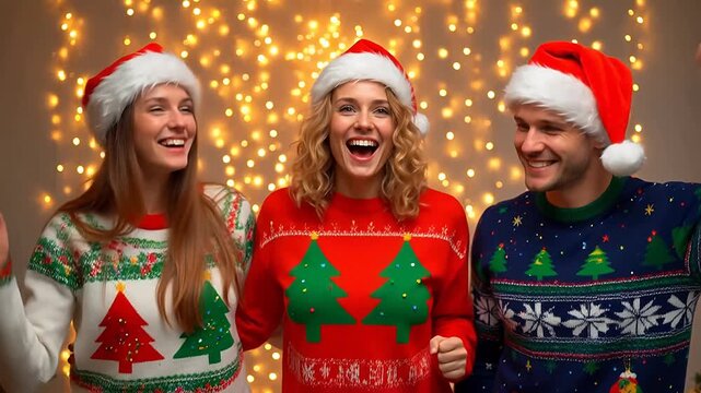 Three people in Christmas sweaters and hats
