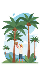 Obraz premium A Person Harvesting Coconuts from Tall Palm Trees Amidst Tropical Vegetation
