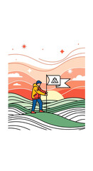 Fototapeta premium Adventurous Climber Plants Flag On Summit Reaching New Heights