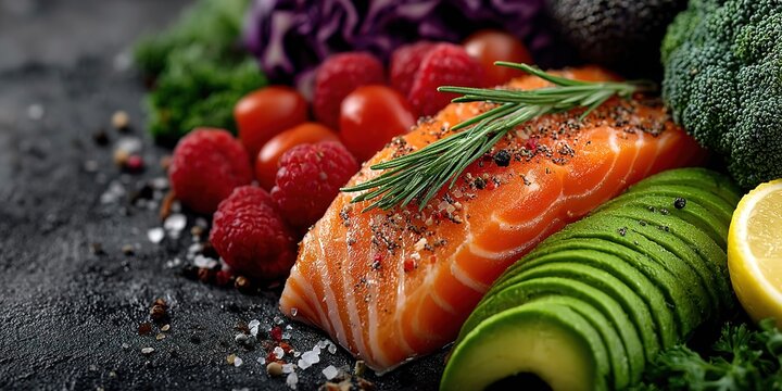 Raw salmon fillet with fresh vegetables and avocado on dark stone board