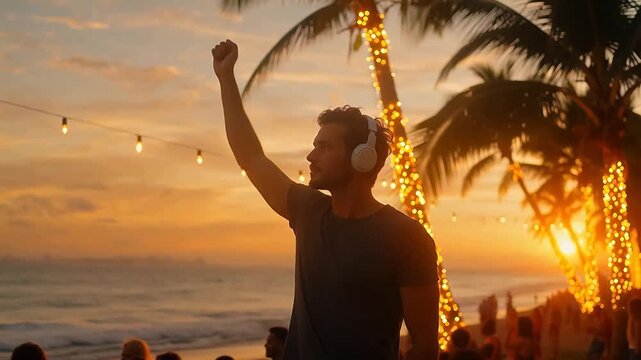 Man dancing on beach at sunset