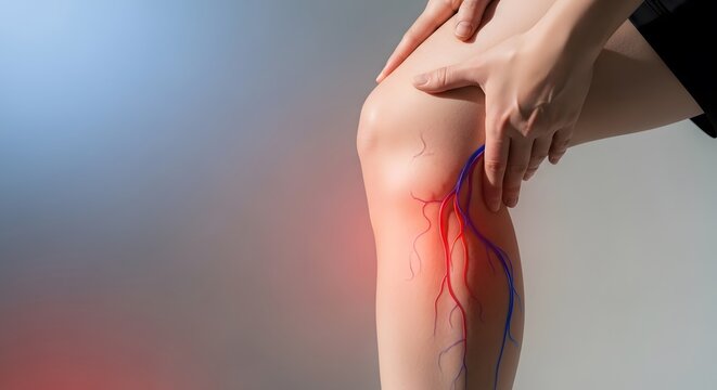 Close-up of human leg with varicose veins illustration. Visual representation of venous insufficiency and circulatory issues. Ideal for medical, healthcare, and v