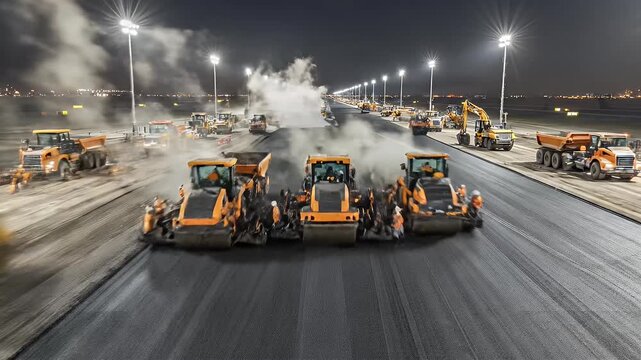 Nighttime road construction with steam rising from asphalt rollers
