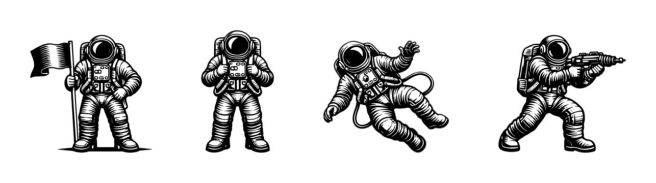 Astronaut flat vector icons set: space explorer and cosmonaut emblems collection