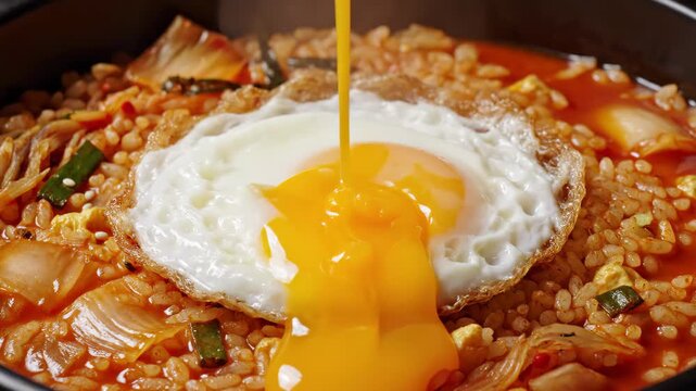 Kimchi fried rice with fork breaking runny egg yolk 4K Video