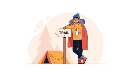 Fototapeta premium Adventurer Enjoying Warm Beverage on Trail, Ready for Outdoor Expedition
