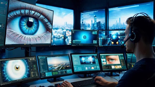 Person working at a multimonitor computer station