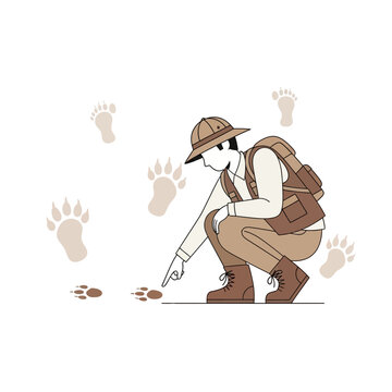 Adventurer Investigating Wildlife Footprints Discovering Animal Trails Expedition Journey