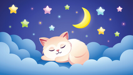 Cute vector illustration of a sleeping cat on the clouds under a starry night sky. Adorable lullaby image for children