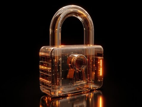 cyber security padlock with light accents isolated on a black background