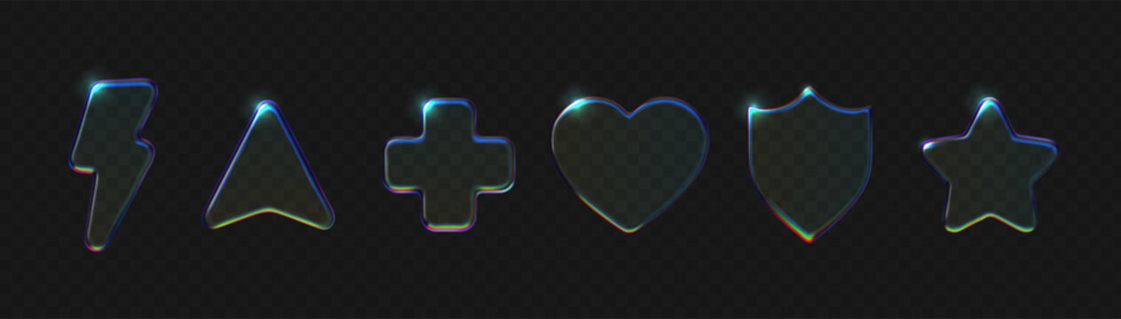 Transparent glass shapes with holographic effects. 3D crystal icons featuring stars, shields, arrows and hearts on dark background with vibrant gradient glow.