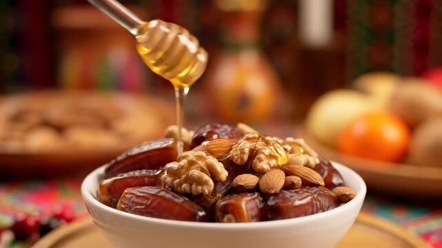 Golden honey dripping from a wooden dipper onto a bowl of fresh dates and mixed nuts including walnuts and almonds, a healthy traditional snack.