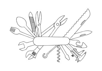 A folding knife with many different tools. Freehand drawing. Doodle. Hand Drawn. Outline.	
