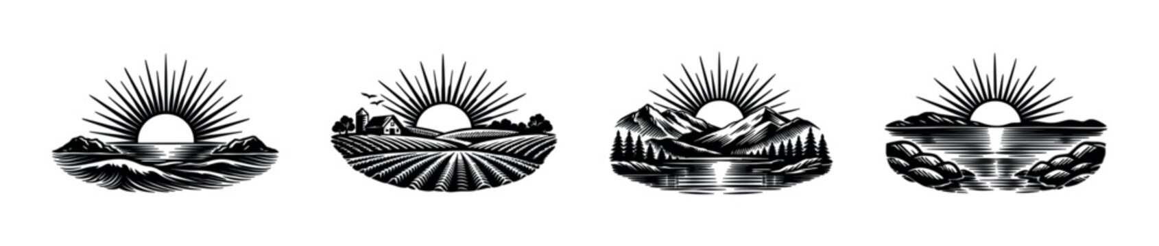 Flat vector icons set: nature scenery, mountains, oceans, farm landscapes