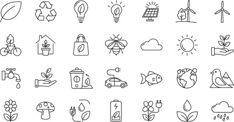 Naklejka premium A comprehensive collection of thin line vector icons representing various concepts related to ecology environmental protection sustainable energy and global conservation efforts for digital use