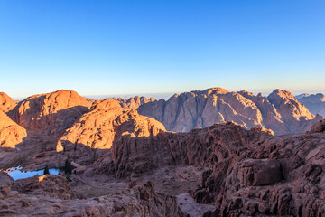 Fototapeta premium View of the rocky Sinai mountains and desert from Mount Sinai (Moses Mount) in morning in Egypt