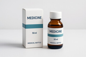 Medical bottle and box arranged on a sterile clean surface. Professional pharmaceutical mockup ideal for medicine packaging, healthcare branding and product marketing.