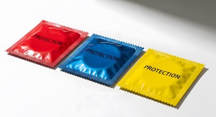 Colorful Condom Foil Packets with Protection Text on White Background, Safe Sex Contraception Concept, Sexual Health Awareness, Birth Control Product Packaging, STI Prevention Studio Shot