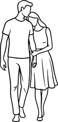 Minimalist line art of a young couple walking together, woman leaning on man's shoulder, concept of support and everyday love.