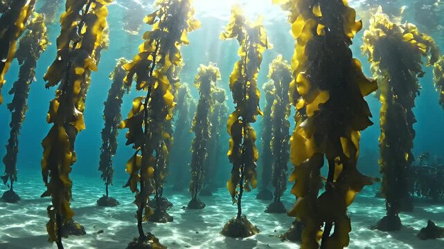 Underwater kelp forest with sunbeams illuminating the seafloor