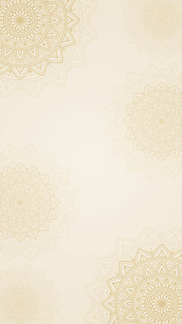 Golden mandala pattern on elegant beige vertical background with central copy space