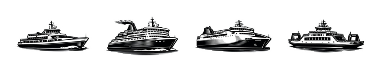 Obraz premium Ship and ferry flat vector icons set. nautical and marine vessel collection