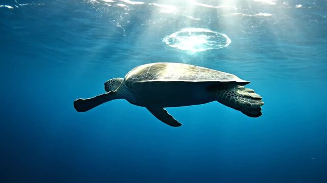 sea turtle swims deep underwater under ocean sunbeams