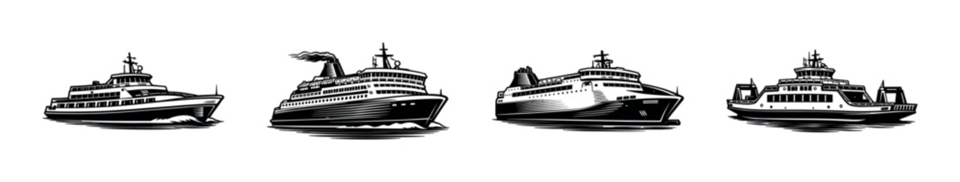 Ship and ferry flat vector icons set. nautical and marine vessel collection