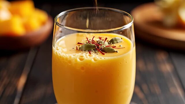 Mango Lassi Pouring Into Glass With Spice Garnish 4K Video