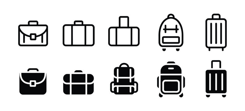 Baggage Icon Set for Travel and Business Trips &ndash; Solid and Line Style Suitcase Collection with Editable Strokes, Minimal Simple Vector Icons for Tourism, Airport, Vacation, and Corporate Journey Desig