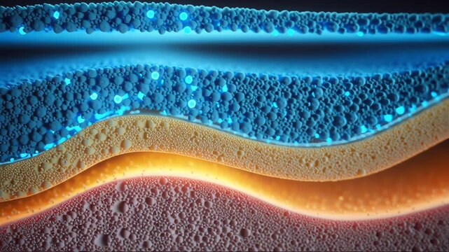 Summer sun protection concept with layered abstract texture featuring blue, orange, yellow bubbles and glowing light detailed surface pattern