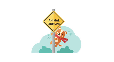 Fototapeta premium Charming Animal Crossing Sign With Playful Bear Mascot Wears Scarf