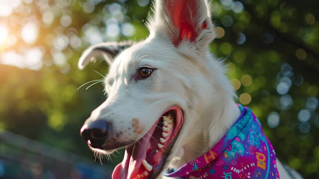 Happy dog wearing colorful bandana enjoying summer sun protection outdoors with bright natural light and warm weather for pet animal outdoor safety