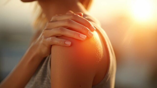 Summer sun protection for glowing skin with lotion application on shoulder and arm to prevent sunburn and damage from sunlight exposure