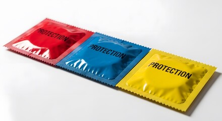 Colorful Condom Packs with Protection Text, Safe Sex Contraception Concept, Birth Control and Sexual Health Awareness, Pregnancy and STD Prevention Barrier Method Isolated on White Background