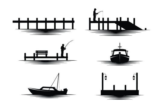 Pier and Boat Silhouettes Collection - Waterfront Activity Icons