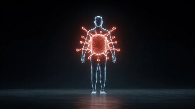 Digital illustration of a virus infecting a human body, representing disease and health concerns