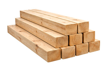Stack of wooden beams isolated on a clean white background. Realistic construction lumber pile ideal for building industry visuals, architecture projects and professional material presentations.