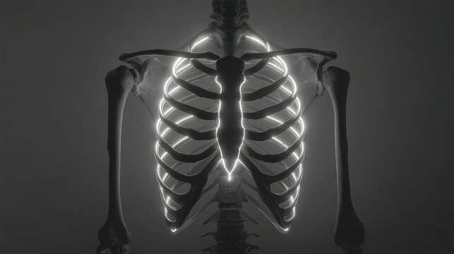 Anatomical illustration of the human rib cage and shoulder bones with glowing outlines