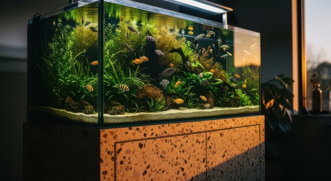 Modern glass aquarium with colorful tropical fish swimming among lush green aquatic plants and driftwood on white sand substrate in stylish living room interior at sunset. Concept of home relaxation a