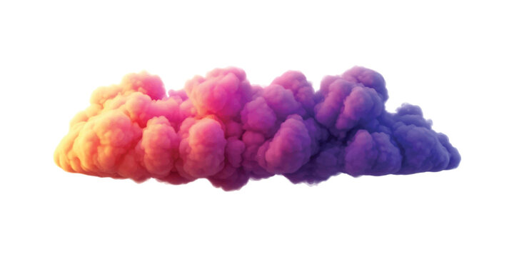 A vibrant, fluffy cloud of smoke displaying a beautiful color gradient from warm orange to cool purple on a clean white background.