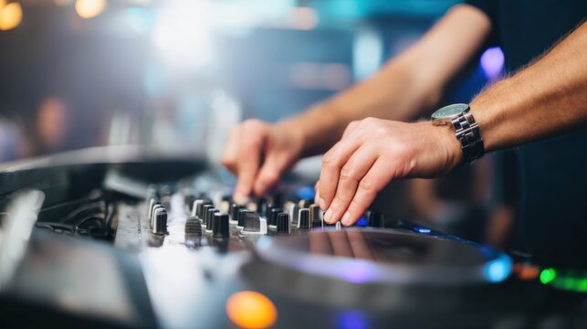 DJ hands skillfully adjusting controls on a professional mixer in a vibrant club atmosphere, creating an electrifying musical experience